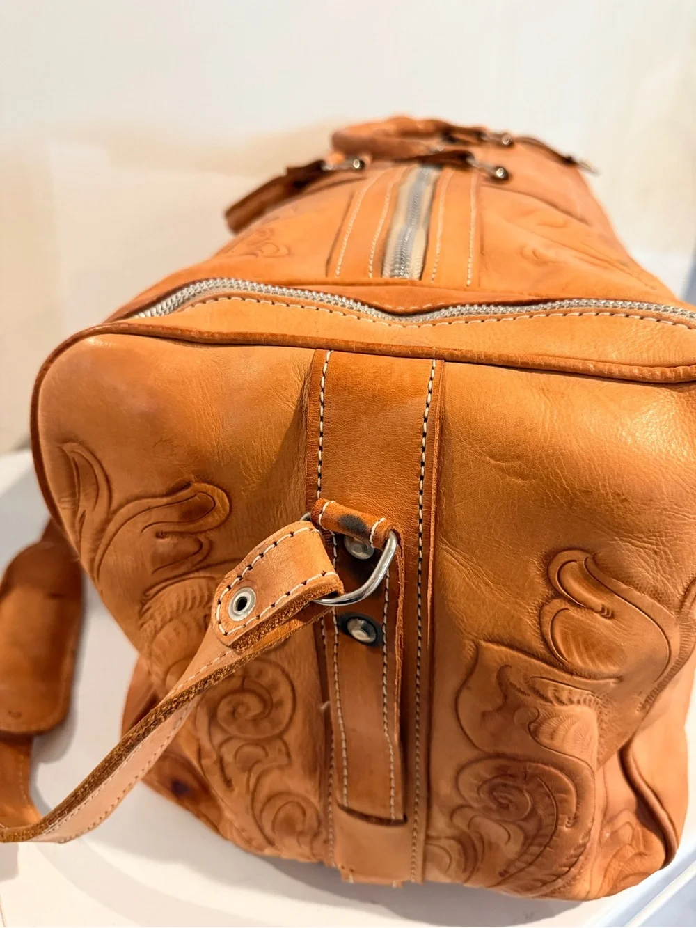 Vintage Leather Tooled Travel Duffel Bag